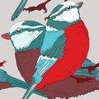 Two birds in red and blue colors. Seamless pattern. Vector illustration on light grey background