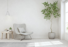Indoor Plant And Coffee Table On Wooden Floor With Empty White Concrete Wall Background, Chair Near Door In Bright Living Room Of Modern Scandinavian House - Home Interior 3d Illustration