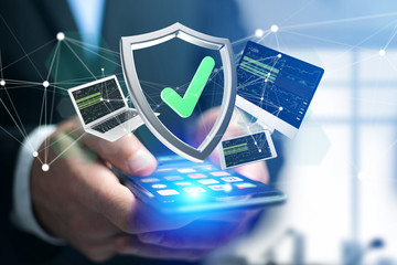 Poster - Shield symbol surrounded by devices and network displayed on a futuristic interface