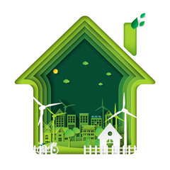 green living house with eco city abstract paper art background.ecology and environment conservation 