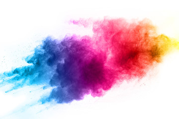 abstract powder splatted background. Colorful powder explosion on white background. Colored cloud. Colorful dust explode. Paint Holi.