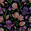 Embroidery seamless floral pattern with iris and magnolia