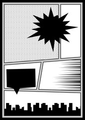 Wall Mural - pop art black white empty backdrop mock up. vector illustration halftone dot mockup for comic text. 