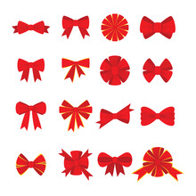 Vector Red Bow For Decorating Gifts, Surprises For Holidays. Packing Presents For Birthday, New Year And Christmas. Promotion And Discount Flat Illustration. Objects Isolated On White Background.