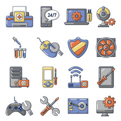 Poster - Computer repair service icons set, cartoon style