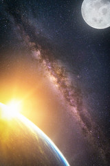 Wall Mural - landscape with milky way galaxy. sunrise and earth view from space with milky way galaxy and full mo