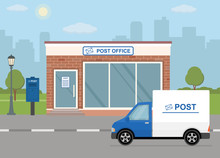 Post office building, delivery truck and mailbox on city background. Flat style, vector illustration. 
