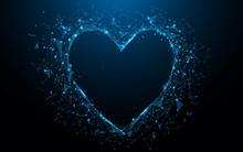 Abstract Heart Icon Form Lines And Triangles, Point Connecting Network On Blue Background. Illustration Vector