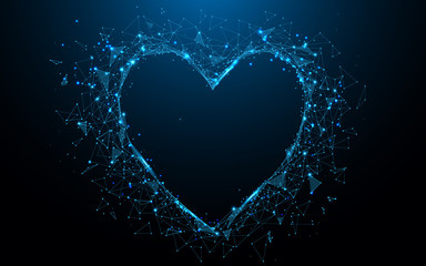 Wall Mural - Abstract Heart icon form lines and triangles, point connecting network on blue background. Illustration vector