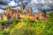 York Minster Rear View From The City Walls Of The Historic Cathedral And UK Tourist Attraction In Colourful Hdr