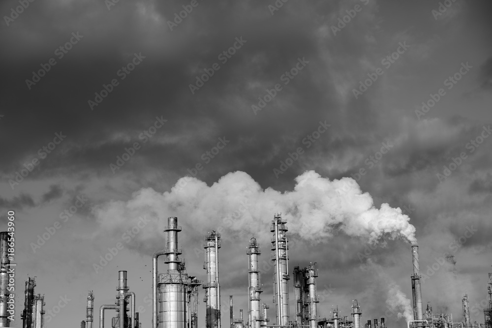 Carbon emissions, smokestack, petrochemical refinery, black and white, Corpus Christi - obrazy, fototapety, plakaty 