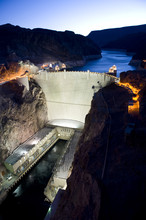 High Angle View Of Hoover Dam Against Clear Sky At Dusk