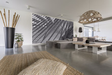 Living Room With Grey Mural
