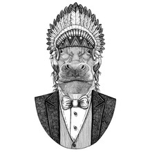 Hippo, Hippopotamus, Behemoth, River-horse Wild Animal Wearing Inidan Hat, Head Dress With Feathers Hand Drawn Image For Tattoo, T-shirt, Emblem, Badge, Logo, Patch