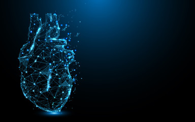 Aufkleber - Abstract Heart icon form lines and triangles, point connecting network on blue background. Illustration vector