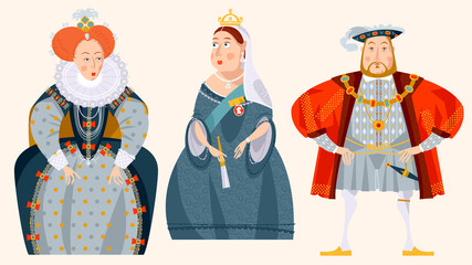 History of England. Queen Elizabeth I, King Henry VIII, Queen Victoria.