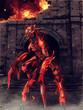 Czerwony potwór z odnóżami skorpiona na tle płonących ruin