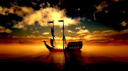 Wall Mural - old ship in sea sunset