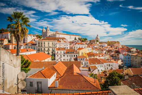 Plakat Portugalia Lizbona panorama miasta, dachy z wysokiego punktu