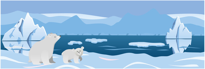 two white bear in the background arctic ice. vector illustration