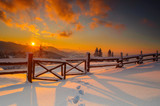 Fototapeta  - Winter landscape of sunset in polish beskid mountains