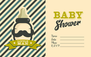 Wall Mural - Boy baby shower invite greeting card with moustache baby bottle