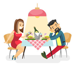 Young Caucasian white couple of lovers sitting at the table at romantic date in the restaurant. Woman using smartphone on date while her boyfriend feeling bored. Vector isolated cartoon illustration.