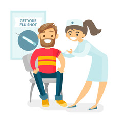 Sticker - Caucasian white doctor woman giving a free flu vaccination shot to the arm of a male patient. Young happy smiling doctor vaccinating a hipster man against flu. Vector isolated cartoon illustration.