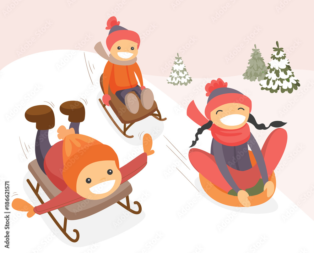 Group of happy laughing caucasian white boys and girl sliding down on rubber tubes and sledge in the winter park. Active cheerful kids enjoying a sleigh ride. Vector cartoon illustration. - obrazy, fototapety, plakaty 