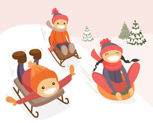 Group Of Happy Laughing Caucasian White Boys And Girl Sliding Down On Rubber Tubes And Sledge In The Winter Park. Active Cheerful Kids Enjoying A Sleigh Ride. Vector Cartoon Illustration.