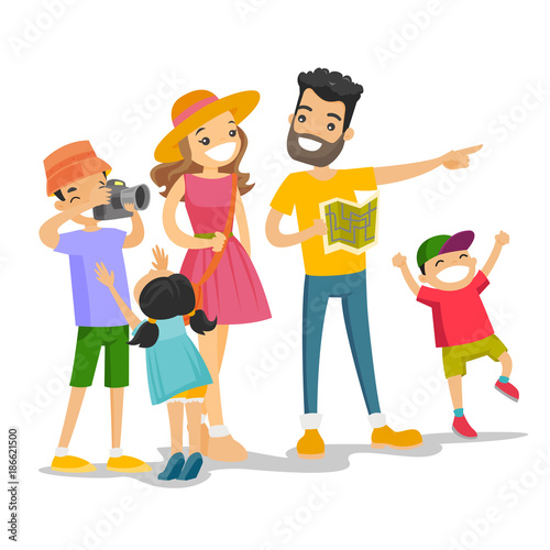 Positive Caucasian White Parents With Three Kids Traveling Together Traveling Family Checking A Direction On A Paper Map And Taking Picture On The Camera Vector Isolated Cartoon Illustration Buy This Stock