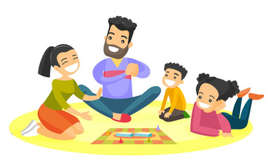 Wall Mural - Young caucasian white parents with their little children sitting on the floor and playing together board game at home. Family vacation concept. Vector cartoon illustration isolated on white background