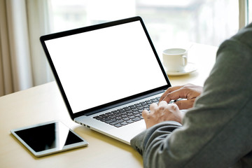 Fototapete - Workspace background new project on laptop computer with blank copy space screen for your advertising text message Laptop with blank screen on table.
