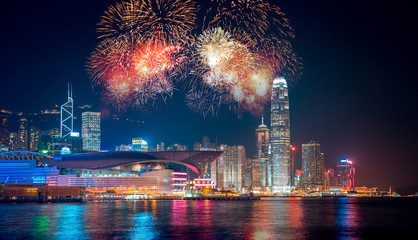 Poster - Double exposure of fireworks and Hong Kong city
