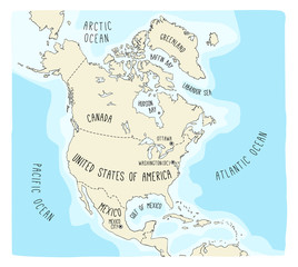 hand drawn vector map of north america. blueprint style cartography of north america including mexic