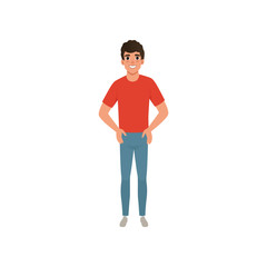 Poster - Young caucasian man dressed in red t-shirt and blue jeans. Cartoon male character standing with arms akimbo with smiling facial expression. Isolated flat vector design