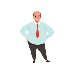 Wall Mural - Fat adult man with bald head. Cartoon male character in formal clothing blue shirt, red tie and black trousers. Office worker concept. Isolated flat vector design