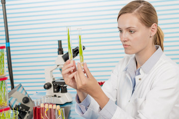 Wall Mural - scientist with green plant in modern laboratory. woman study of genetic modified GMO plants in the laboratory