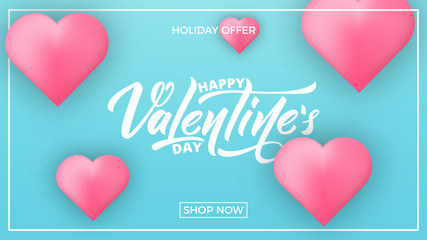 Valentines Day. Banner for Valentine's Day. Valentines background with script lettering and glossy hearts