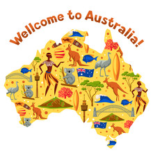 Australia Map Design. Australian Traditional Symbols And Objects