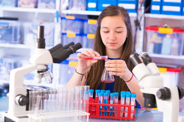 Canvas Print - A teenage girl in a school laboratory in chemistry and biology classes