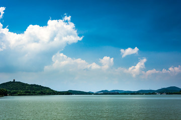 Poster - summer landscape with lake at sunny day