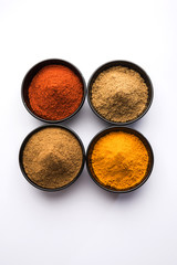 Canvas Print - Indian colourful spices. Group photo of four basic Indian spices like raw red chilli, turmeric, coriander and cumin powder. selective focus
