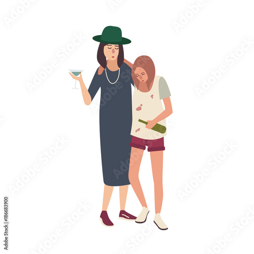 Pair of drunk girls dressed in messy clothes. Young women drinking