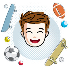 Cute boy face, human head. Vector redhead character, smiling toddler face features, sport and entertainment clipart.