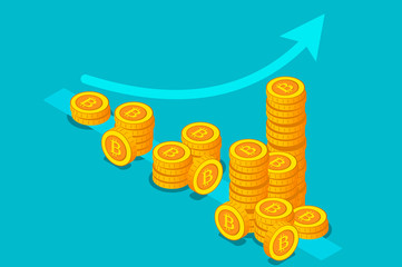 Bitcoin income money stack. Banner with bitcoin growth of revenue concept. Banner with stacks of gold coins like income graph. Vector flat illustration isolated on empty background