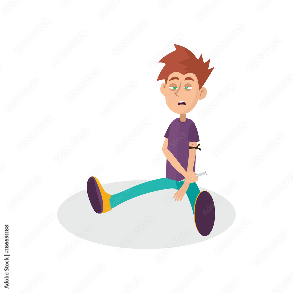 Young junkie using syringe with narcotic liquid. Heroin injecting. Drug  abuse. Cartoon boy character sitting with apathetic face expression. Bad  habit. Flat vector Stock Vector | Adobe Stock, image size:1000x1000