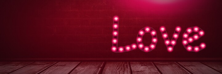 Poster - Love text glowing neon light bulbs over wooden floor