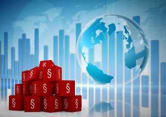 Poster - 3D Section Symbol icons with world map and bar charts