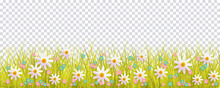 Spring Grass And Flowers Border, Easter Greeting Card Decoration Element, Flat Vector Illustration Isolated On Transparent Background. Easter Decoration Element With Spring Grass And Meadow Flowers